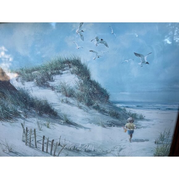 Vintage Seascape Beach At the Beach  Scene Framed Art Lithograph Print By A. Seh - Picture 3 of 8